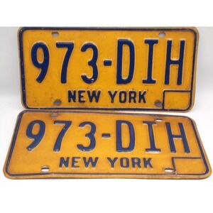 Vintage New York License Plate Pair - Yellow/Blue, 70's, 80's  973-DIH